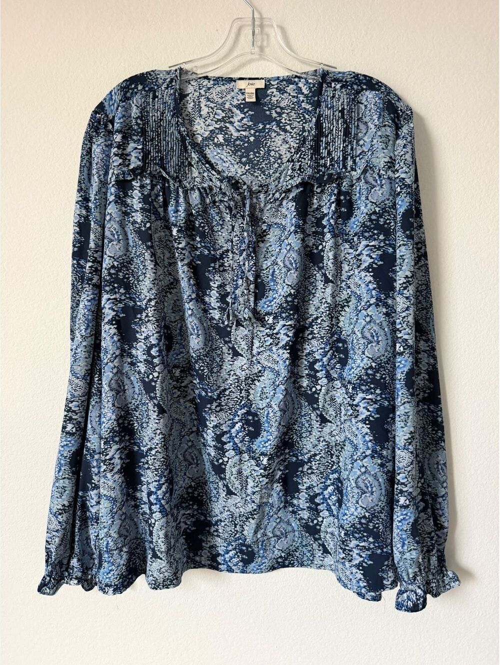 Joie Long Sleeve Tie Neck 1/2 Button Blue Tone Paisley Peasant Blouse Size XXL